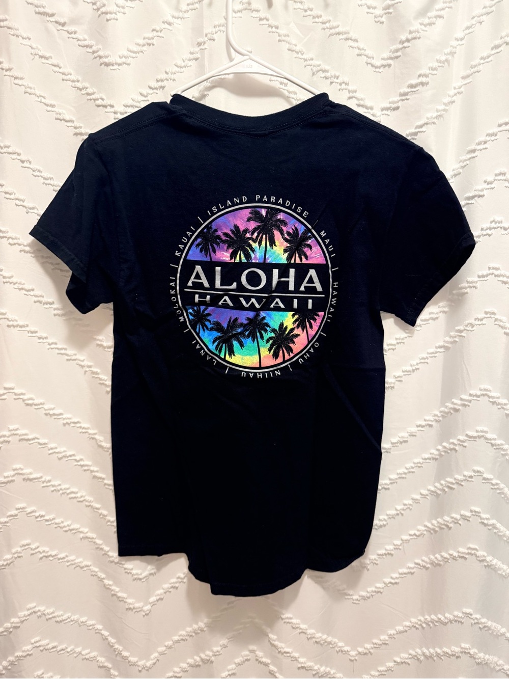 Aloha Hawaii Black Tee with Rainbow Palm Graphic
